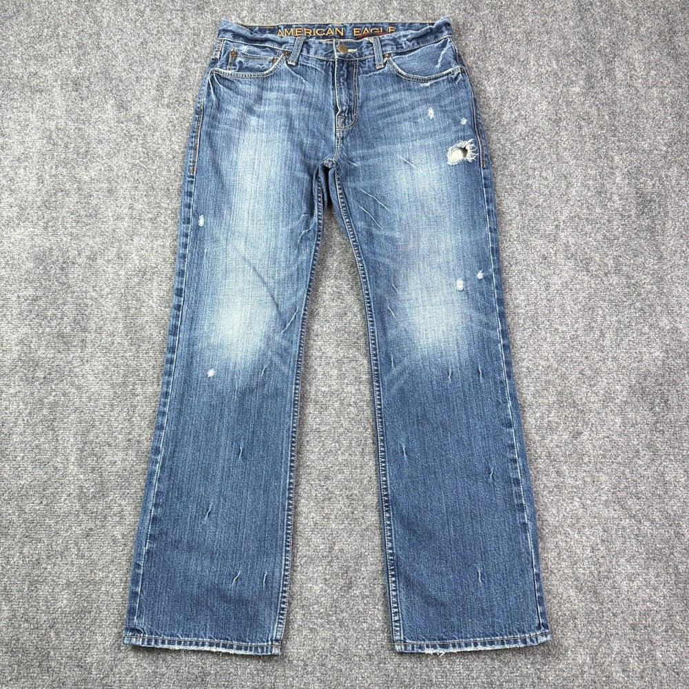 American Eagle Jeans Mens 32x30 VTG Y2K Blue Low Rise Slim Straight Distressed